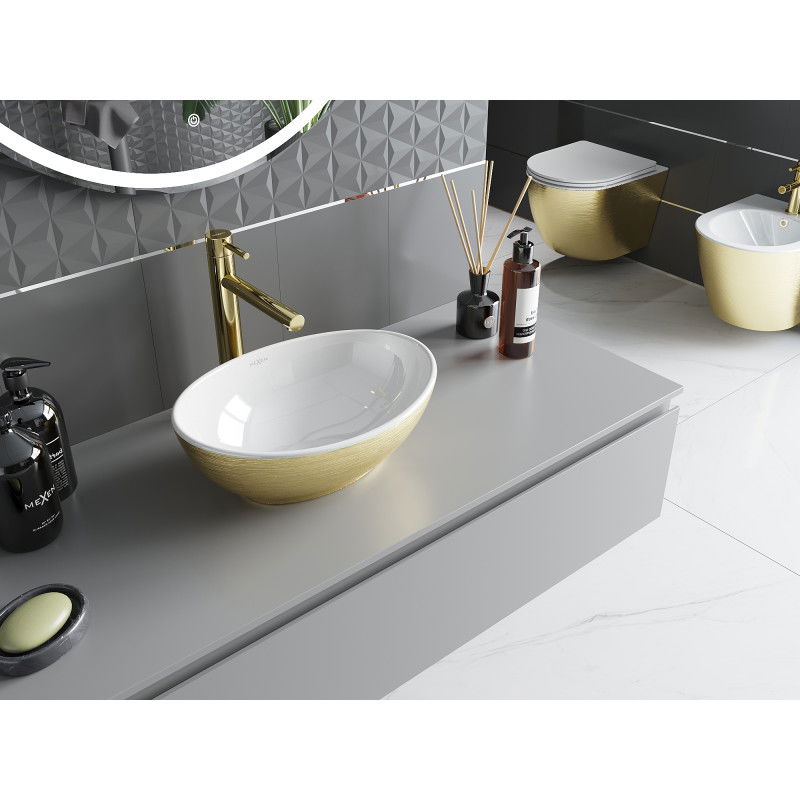 Mexen Elza Умивалник за монтаж върху плот 40 x 33 см, бял/златен модел линии - 21014017