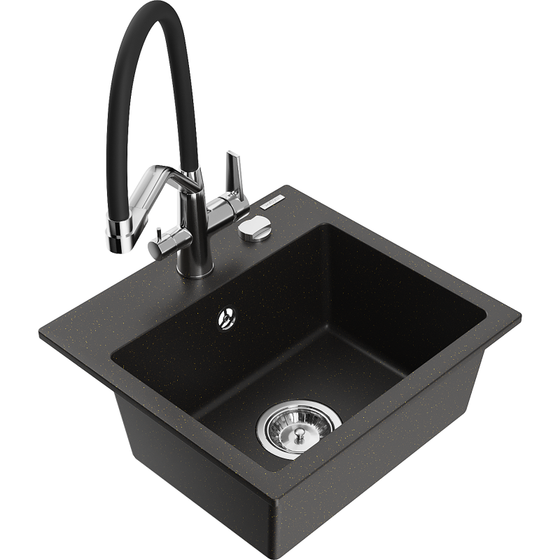 Mexen Milo гранитна мивка с 1 отделение и кухненски смесител Duo, черно/златист металик - 6505-75-671701-07