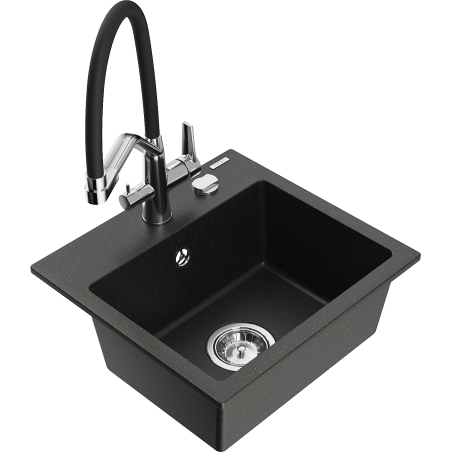 Mexen Milo гранитна мивка с 1 отделение и кухненски смесител Duo, черно/златист металик - 6505-75-671701-07