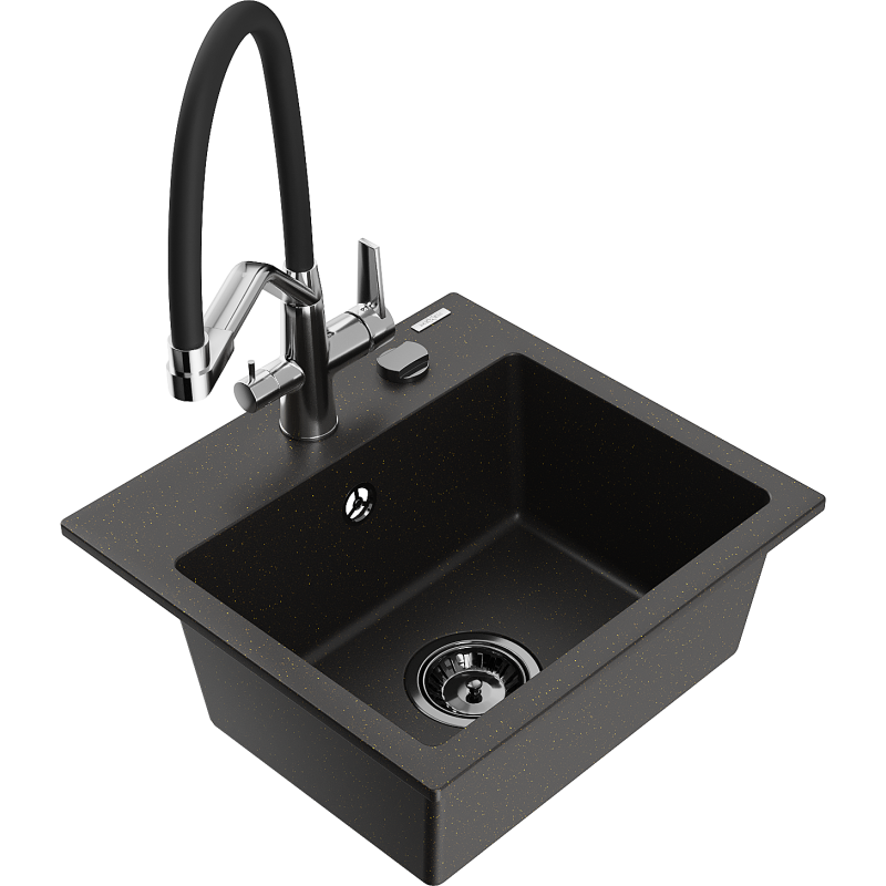 Mexen Milo гранитна мивка с 1 отделение и кухненски смесител Duo, черен/златен металик - 6505-75-671701-07-B