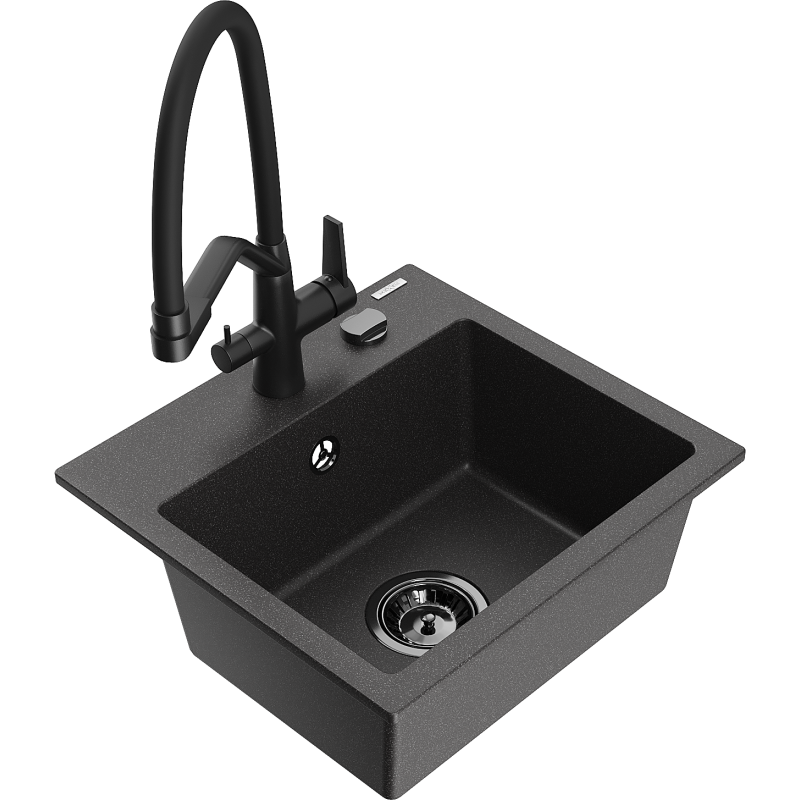 Mexen Milo мивка от гранит с една камера и кухненски смесител Duo, черно напукано - 6505-76-671701-70-B