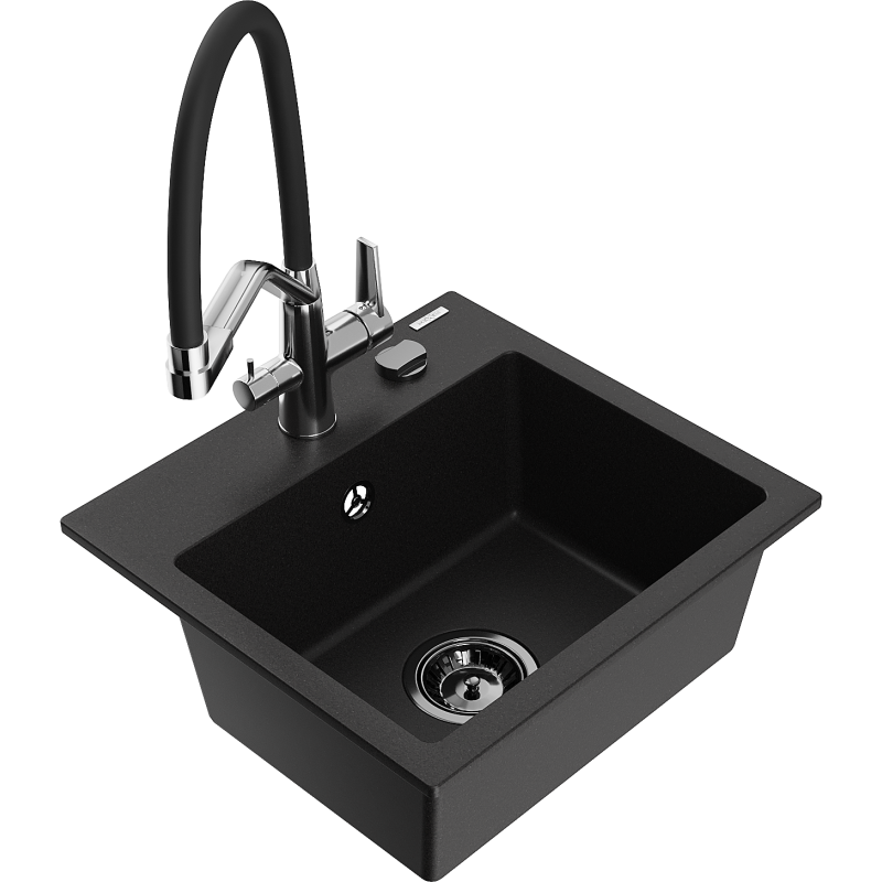 Mexen Milo гранитна еднокамерна мивка с кухненски смесител Duo, черен