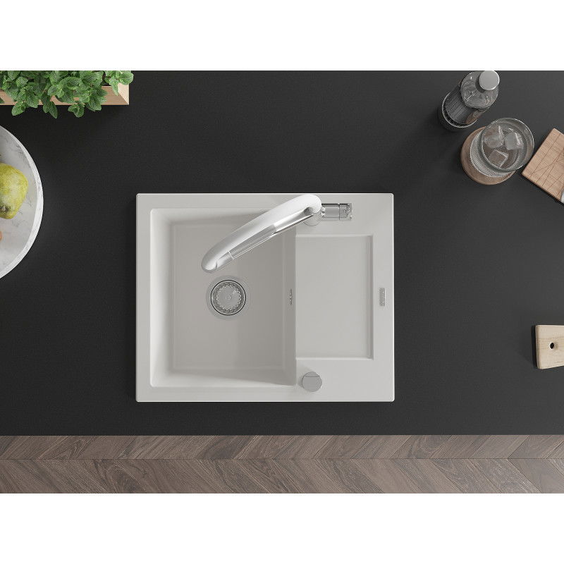 Mexen Enzo гранитна мивка с 1 корито с отцедник и кухненски смесител Duo, бял - 6506-20-671701-02