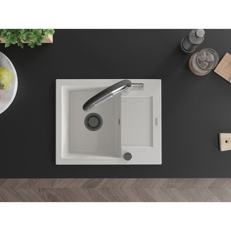 Mexen Enzo гранитна кухненска мивка с 1 корито с отцедник и кухненски смесител Duo, бял - 6506-20-671701-07-B
