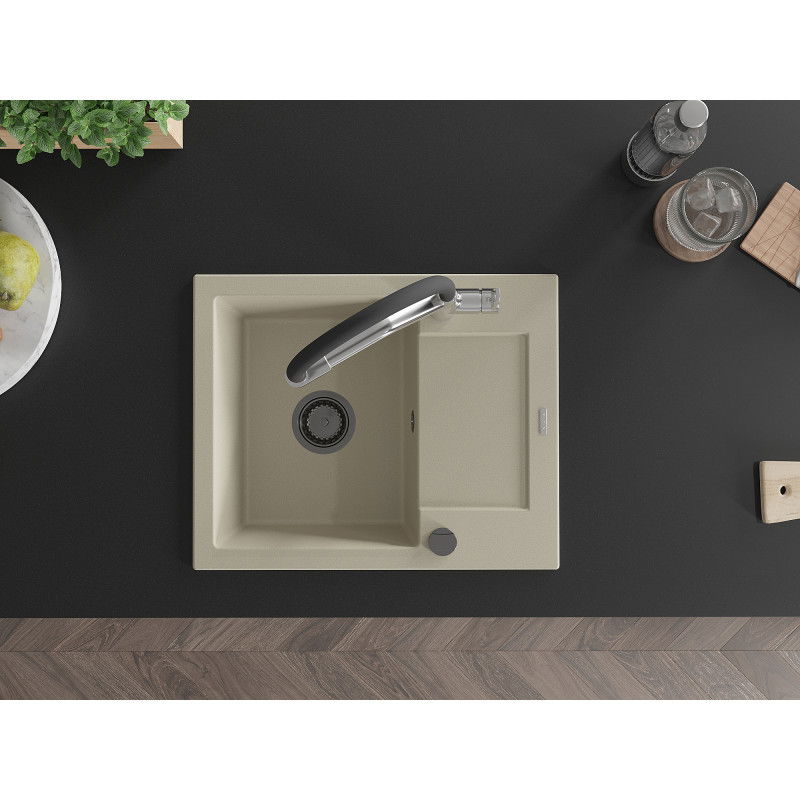 Mexen Enzo еднокамерен гранитен мивка с отцедник и кухненски смесител Duo, бежов - 6506-69-671701-07-B