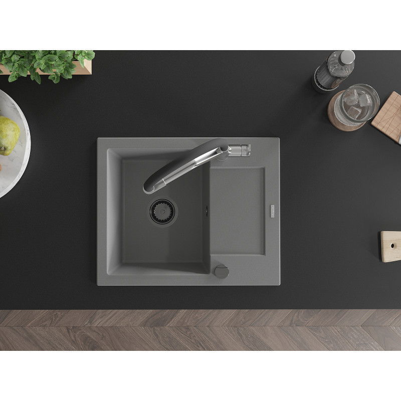 Mexen Enzo гранитна мивка с 1 отделение и отцедник и кухненски смесител Duo, сив - 6506-71-671701-07-B