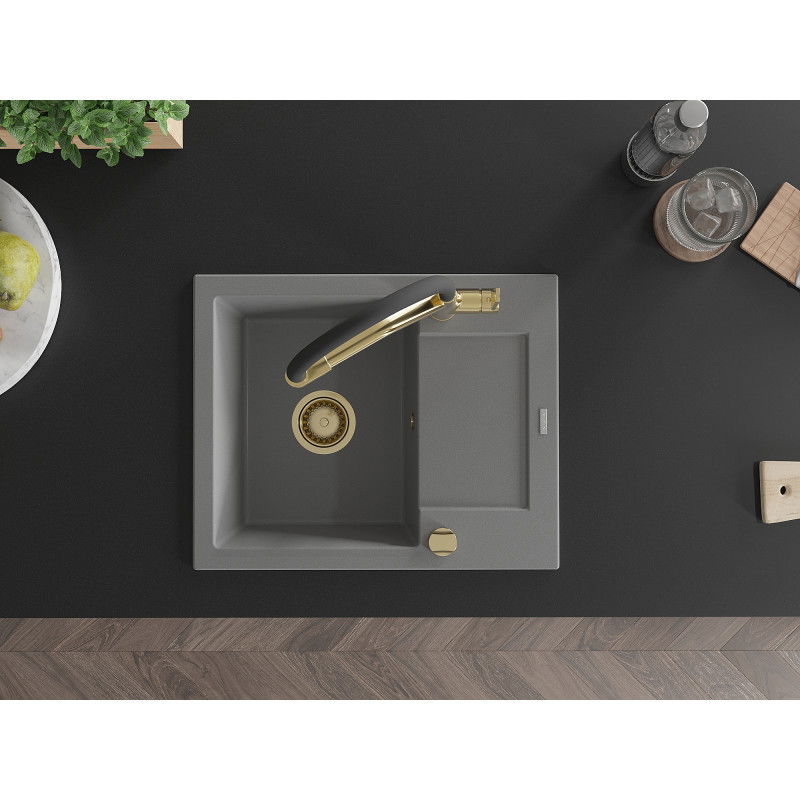 Mexen Enzo еднокамерен гранитен мивка с отцедник и кухненски смесител Duo, сив - 6506-71-671701-57-G