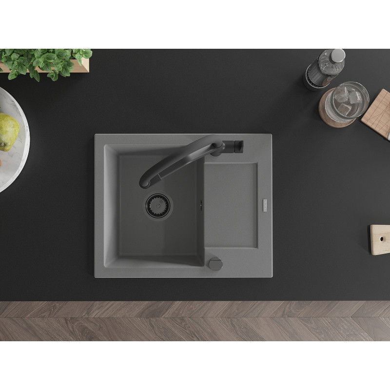 Mexen Enzo греяно кухненска мивка с 1 камера с отцедник и кухненски смесител Duo, сив - 6506-71-671701-70-B