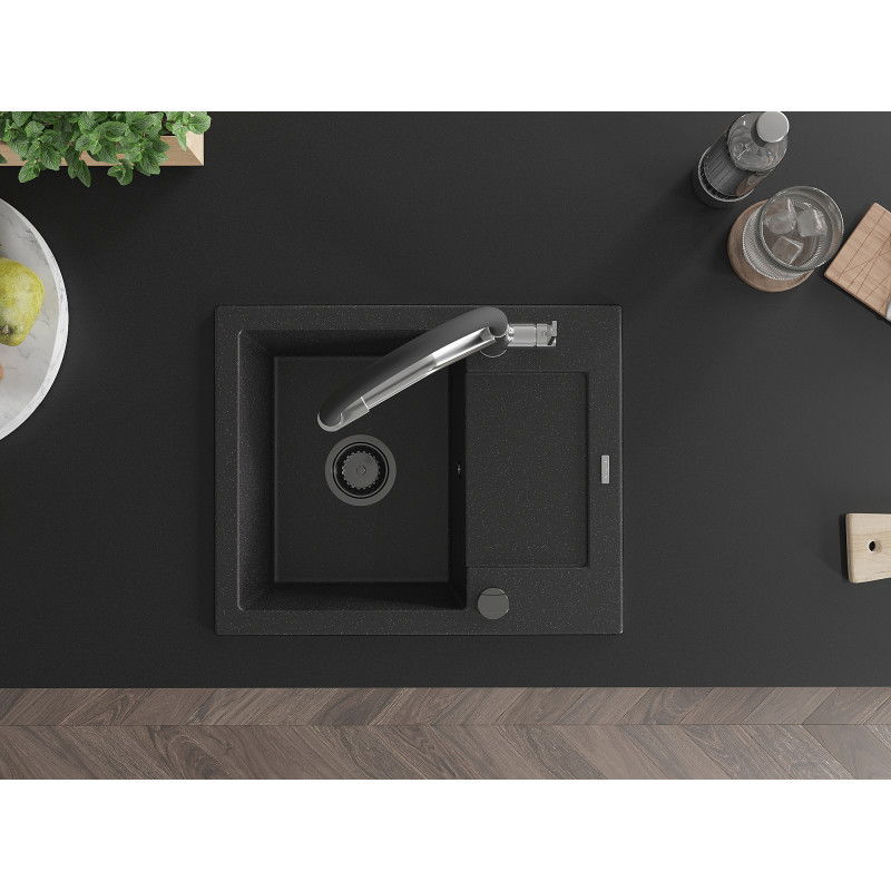 Mexen Enzo гранитна мивка с 1 камера с отцедник и кухненски смесител Duo, черен/сребърен металик - 6506-73-671701-07-B