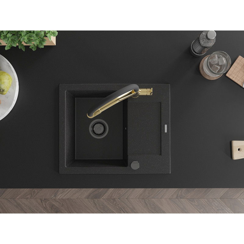 Mexen Enzo гранитна мивка с 1 отделение с оцедник и кухненски смесител Duo, черен/сребърен металик - 6506-73-671701-57-B