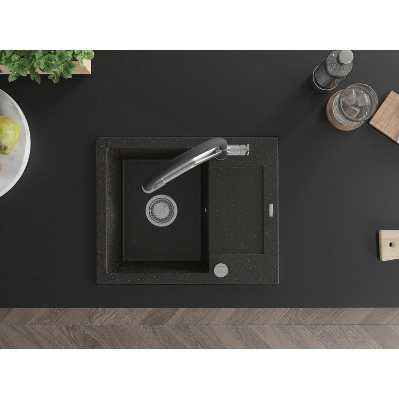 Mexen Enzo Гранитна мивка с едно корито с отцедник и кухненски смесител Duo, черен/златен металик - 6506-75-671701-07