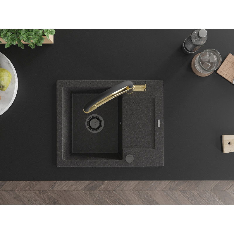 Mexen Enzo гранитна мивка с 1 корито с отцедник и кухненски смесител Duo, черен напръскан - 6506-76-671701-57-B