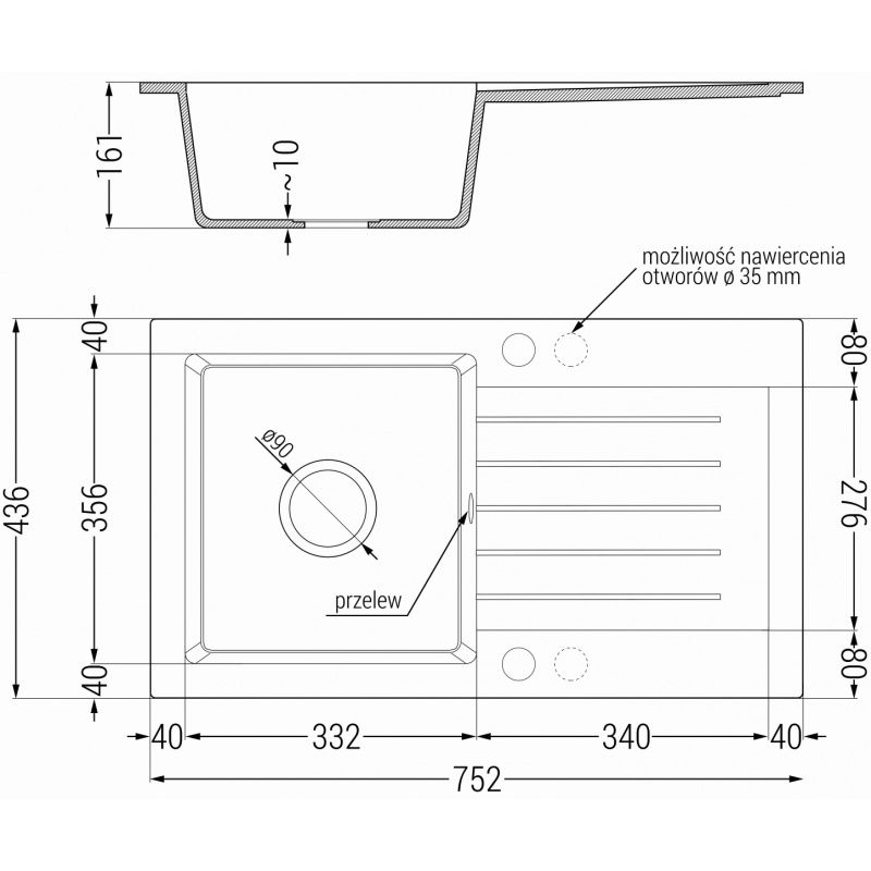 Mexen Pablo мивка гранитна с 1 камера и отцедник 752 x 436 мм, черна, сифон хром - 6510751010-77