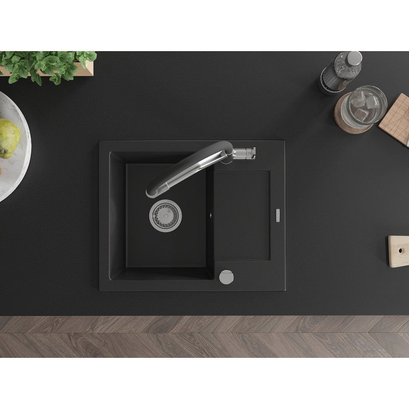 Mexen Enzo гранитна кухненска мивка с 1 отделение и отцедник и кухненски смесител Duo, черен - 6506-77-671701-07