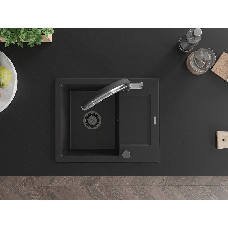 Mexen Enzo гранитна кухненска мивка с 1 корито със сушилник и кухненски смесител Duo, черен - 6506-77-671701-07-B