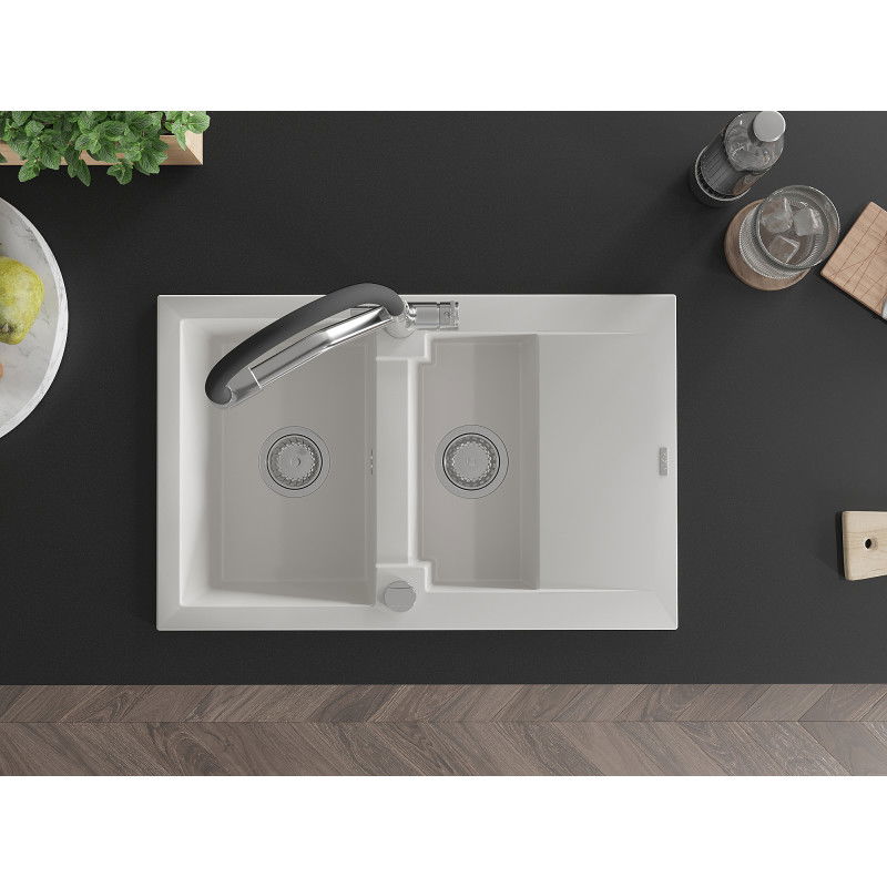 Mexen Gaspar гранитна мивка 1,5-камерна с отцедник и кухненски смесител Duo, бял - 6507-20-671701-07