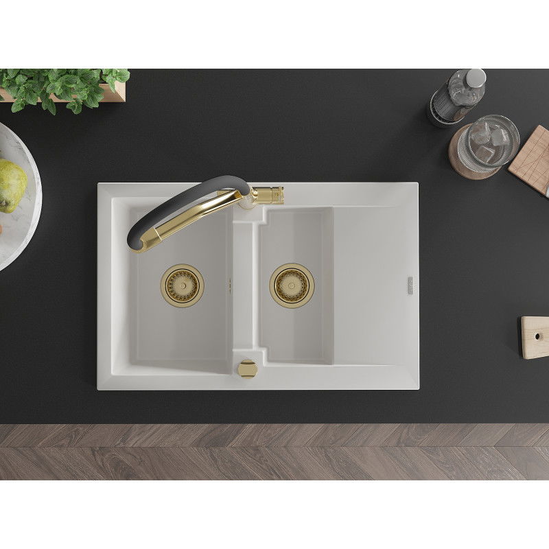 Mexen Gaspar гранитна мивка 1,5 камерна с отцедник и кухненски смесител Duo, бял - 6507-20-671701-57-G