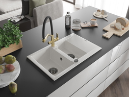Mexen Gaspar кухненска мивка от гранит с 1,5 камери и отцедник с кухненски кран Duo, бял - 6507-20-671701-57-B