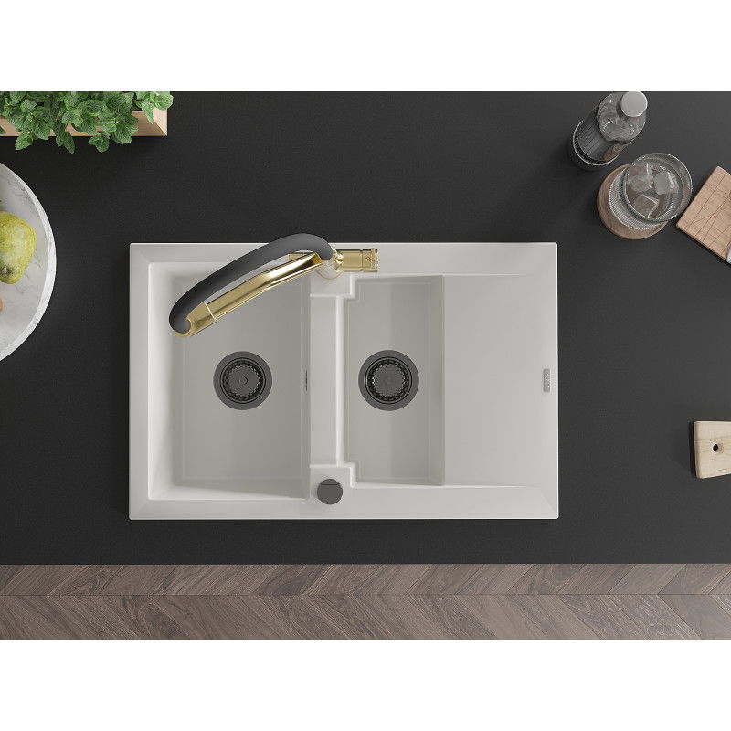 Mexen Gaspar кухненска мивка от гранит с 1,5 камери и отцедник с кухненски кран Duo, бял - 6507-20-671701-57-B