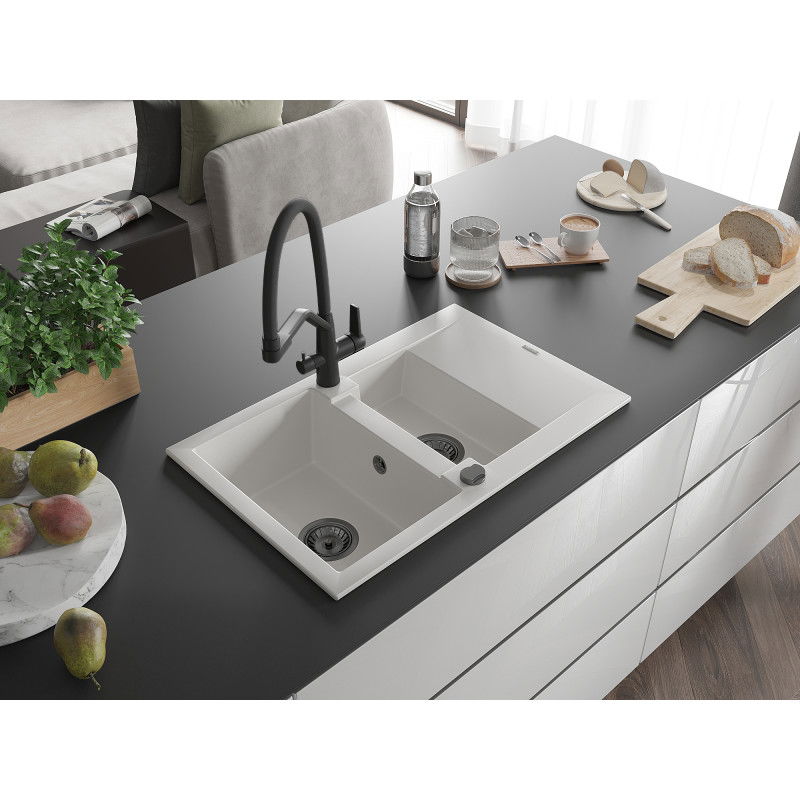 Mexen Gaspar гранитна мивка 1,5-корпусна с отцедник и кухненски кран Duo, бял - 6507-20-671701-70-B
