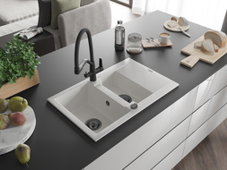 Mexen Gaspar гранитна мивка 1,5-корпусна с отцедник и кухненски кран Duo, бял - 6507-20-671701-70-B