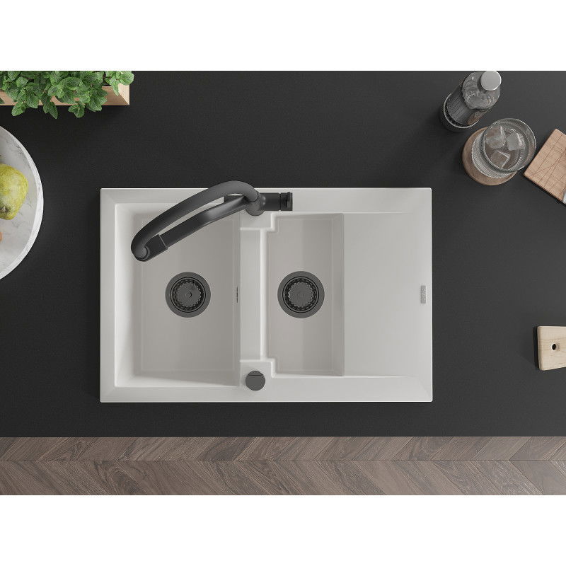 Mexen Gaspar гранитна мивка 1,5-корпусна с отцедник и кухненски кран Duo, бял - 6507-20-671701-70-B