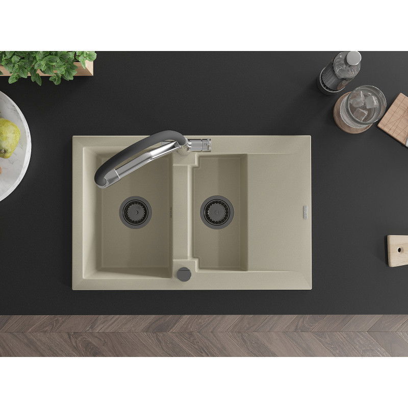 Mexen Gaspar гранитна мивка 1,5-коморен с отцедник и кухненски смесител Duo, бежов - 6507-69-671701-07-B
