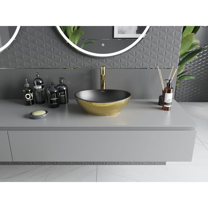 Mexen Elza умивалник върху плот 40 x 33 см, черен мат/златен десен люспи - 21014028