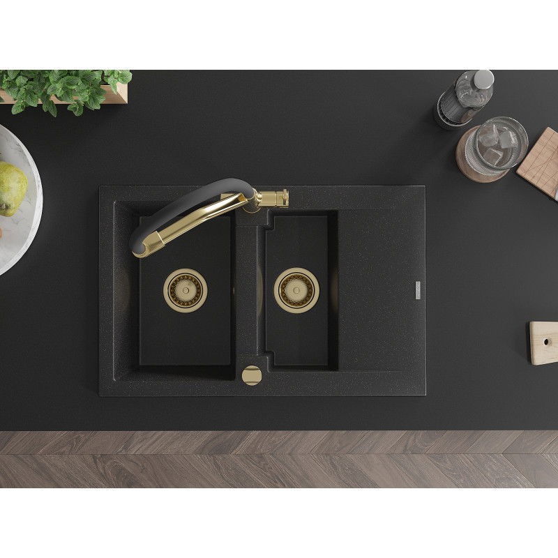 Mexen Gaspar гранитна мивка с 1,5 камери с отцедник и кухненски смесител Duo, черен/сребърен - 6507-73-671701-57-G