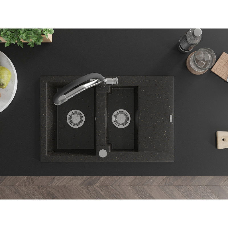Mexen Gaspar гранитна мивка с 1,5 камери и отцеждач с кухненски смесител Duo, черно/златист металик - 6507-75-671701-07