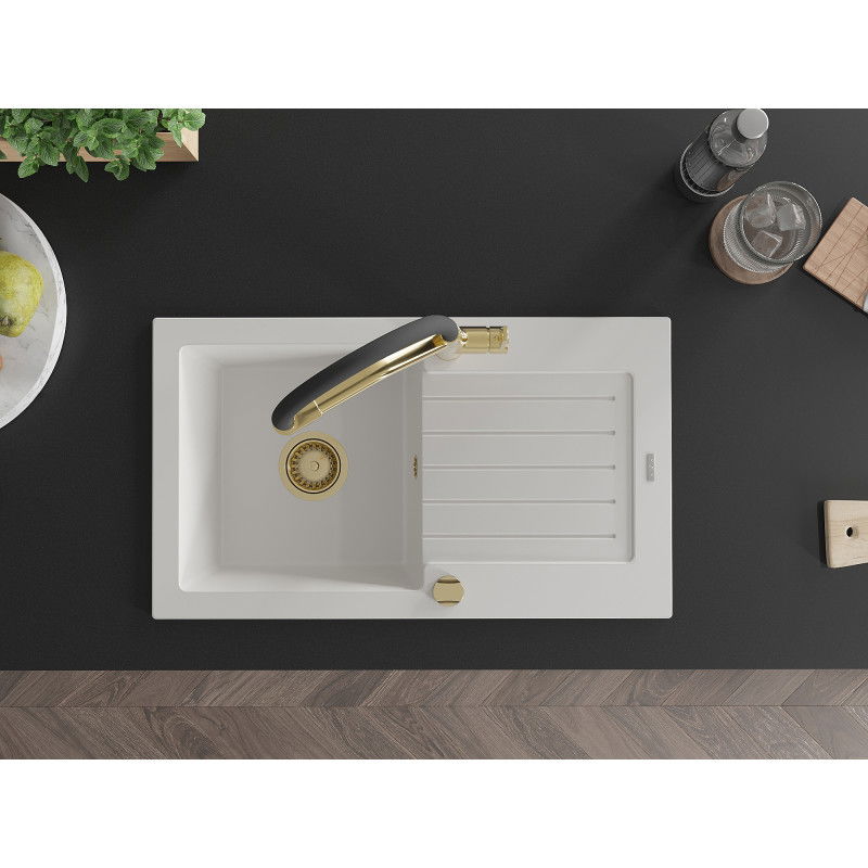 Mexen Pablo гранитна мивка с 1 отделение и отцедник с кухненски смесител Duo, бяла - 6510-20-671701-57-G