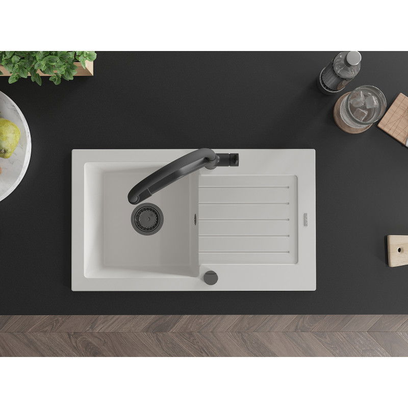 Mexen Pablo кухненска мивка от гранит с 1 отделение с отцедник и кухненски смесител Duo, бял - 6510-20-671701-70-B