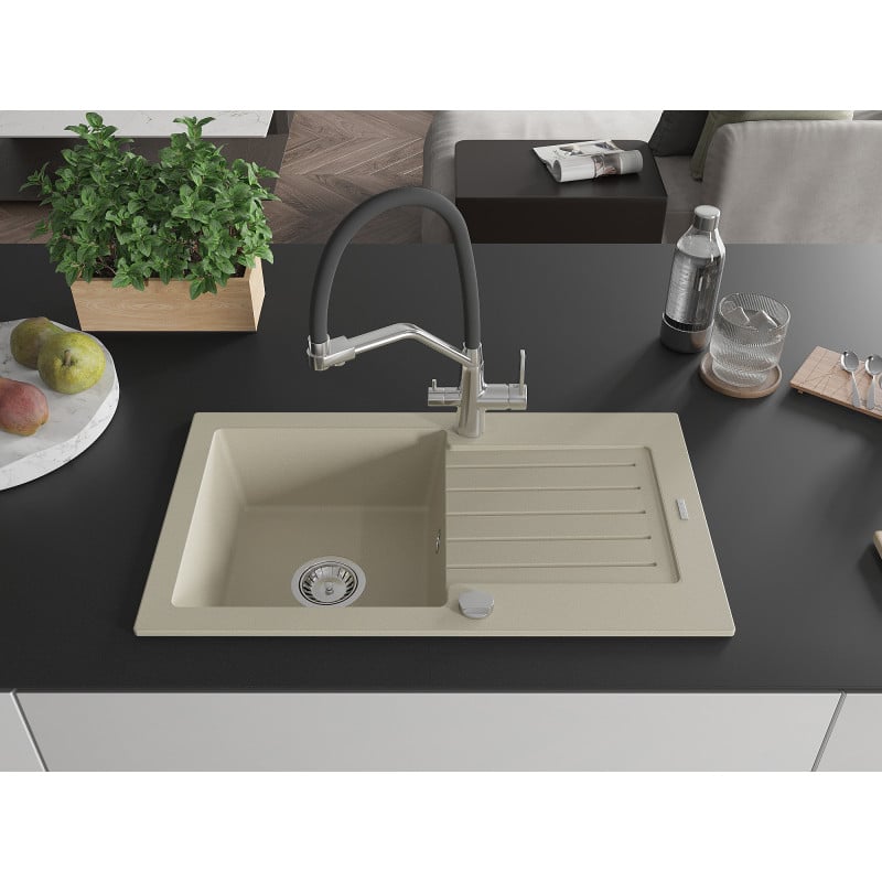 Mexen Pablo гранитна мивка с 1 отделение, отцедник и кухненски смесител Duo, бежов - 6510-69-671701-07