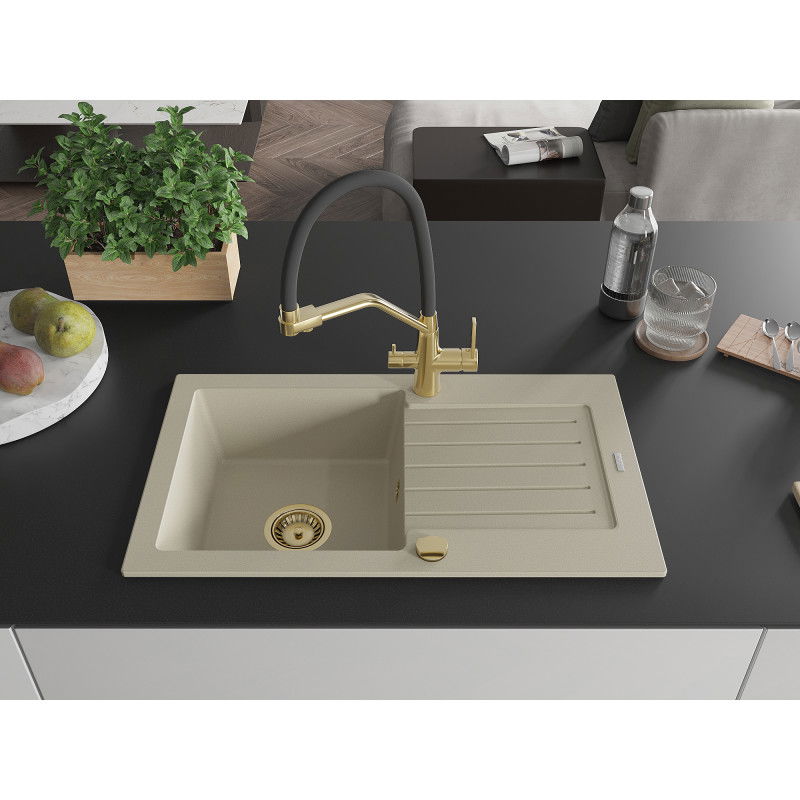 Mexen Pablo гранитна кухненска мивка с 1 корито с отцедник и смесител Duo, бежов - 6510-69-671701-57-G