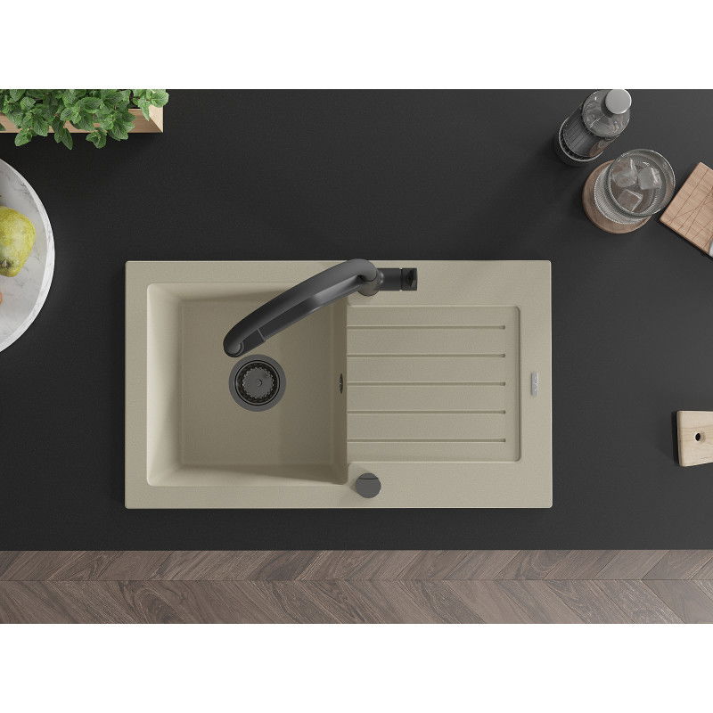 Mexen Pablo гранитна мивка с 1 корито с отцедник и кухненски смесител Duo, бежов - 6510-69-671701-70-B