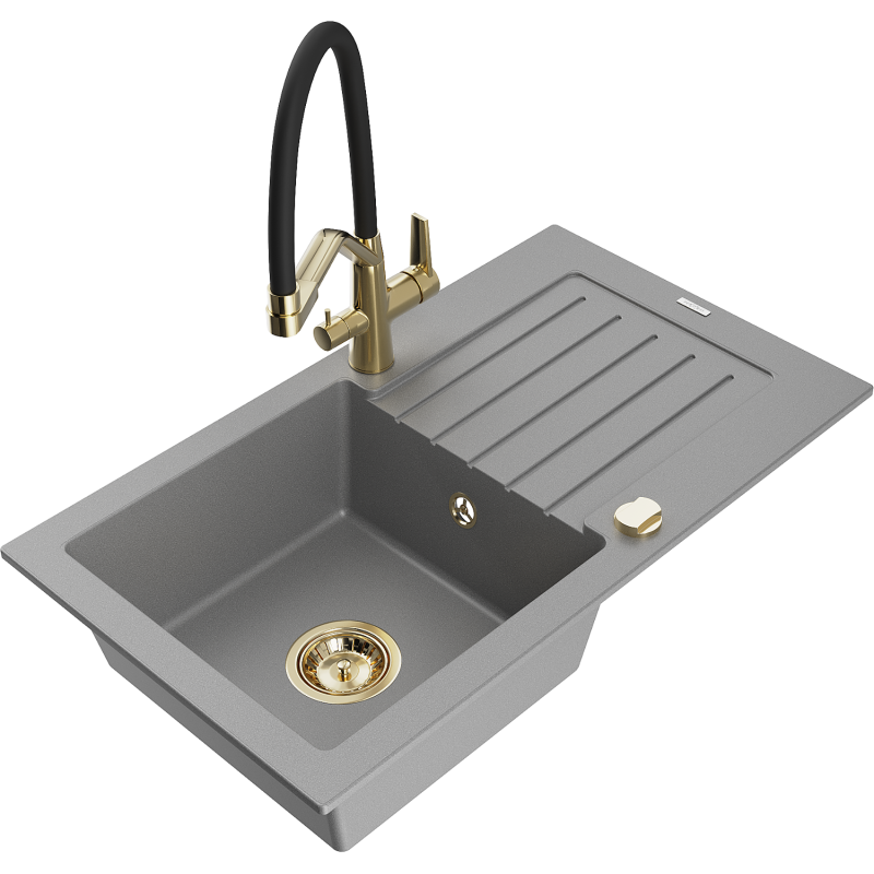 Mexen Pablo гранитна мивка с 1 купа със сушилня и кухненски смесител Duo, сив