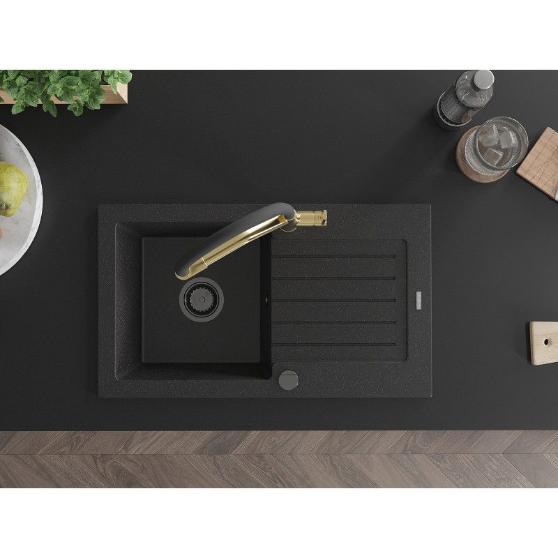 Mexen Pablo гранитна мивка с 1 отделение с капак и кухненски смесител Duo, черно/сребрист металик - 6510-73-671701-57-B