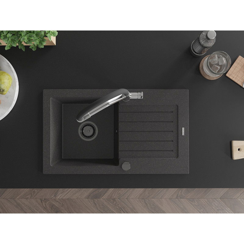 Mexen Pablo гранитна мивка с 1 отделение с оцедник и кухненски смесител Duo, черно с пръски - 6510-76-671701-07-B