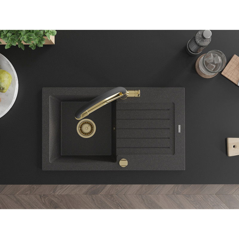 Mexen Pablo гранитна мивка с 1 отделение и отцедник и кухненски смесител Duo, черен на пръски - 6510-76-671701-57-G