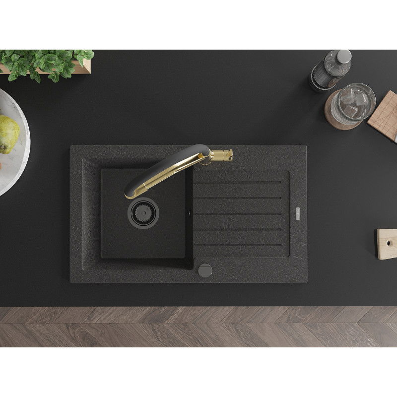 Mexen Pablo гранитна мивка с 1 отделение с отцедник и кухненски смесител Duo, черно накрапяне - 6510-76-671701-57-B