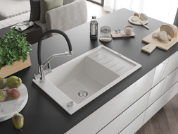 Mexen Elias гранитна мивка с 1 камера с отцедник и кухненски смесител Duo, бял - 6511-20-671701-07