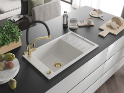 Mexen Elias гранитна мивка с 1 камера и отцедник и кухненски смесител Duo, бял - 6511-20-671701-57-G