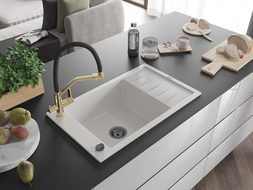 Mexen Elias гранитна кухненска мивка с 1 корито, отцедник и кухненски смесител Duo, бял - 6511-20-671701-57-B