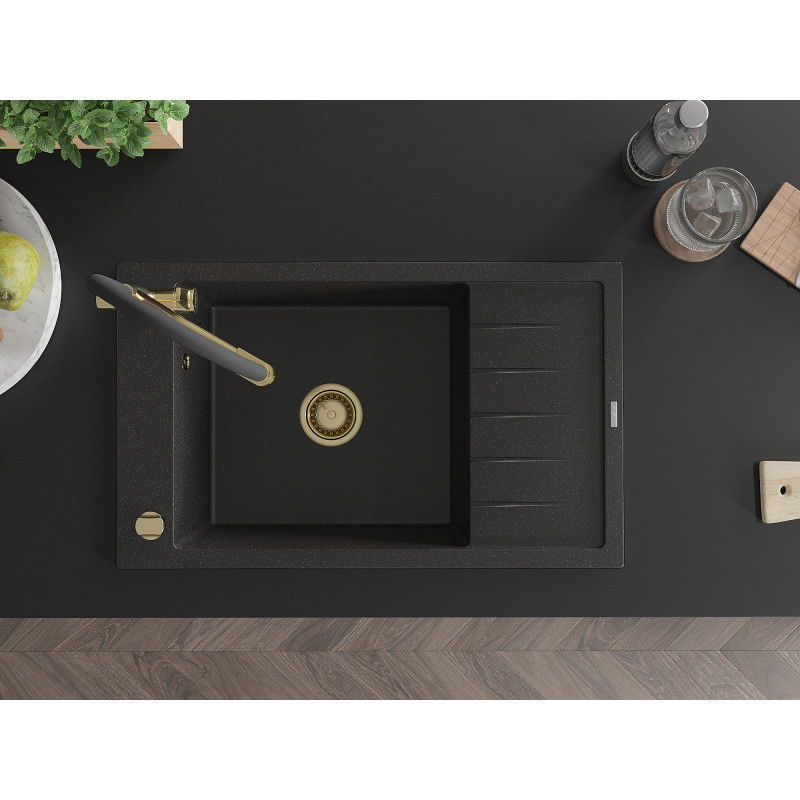 Mexen Elias гранитна мивка с 1 камера, с отцедник и кухненски смесител Duo, черен/сребърен металик - 6511-73-671701-57-G