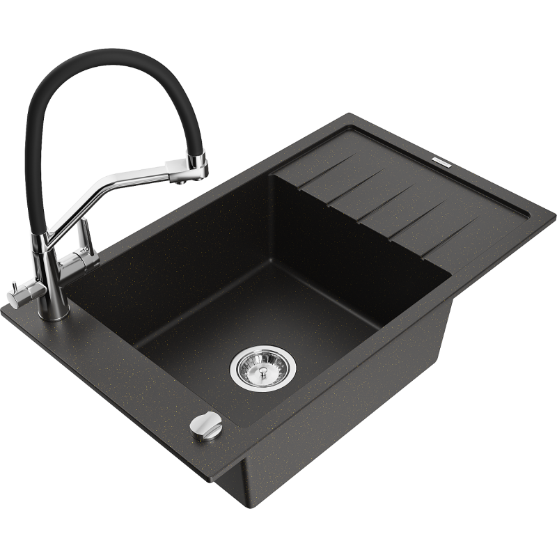 Mexen Elias гранитна мивка с една камера с дренаж и кухненски смесител Duo,