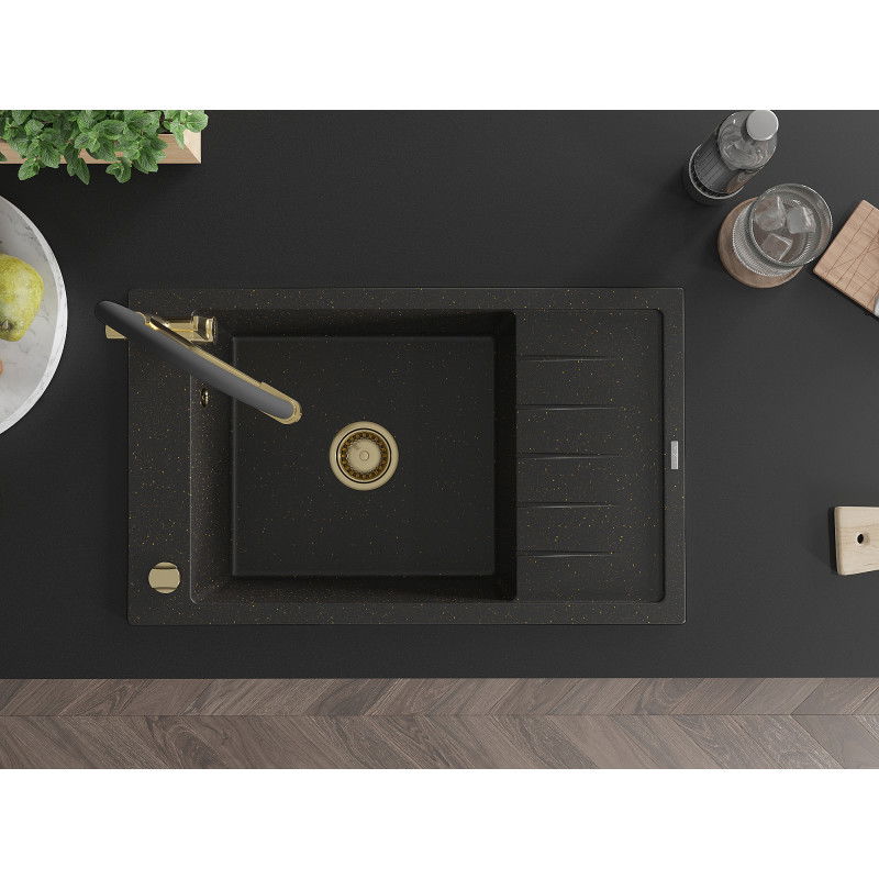 Mexen Elias умивалник гранитен с 1 камера с отцедник и кухненски смесител Duo, черен/златен металик - 6511-75-671701-57-G