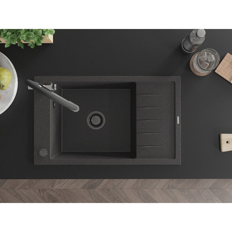 Mexen Elias гранитна мивка с 1 корито с отцедник и кухненски смесител Duo, черен точков - 6511-76-671701-07-B