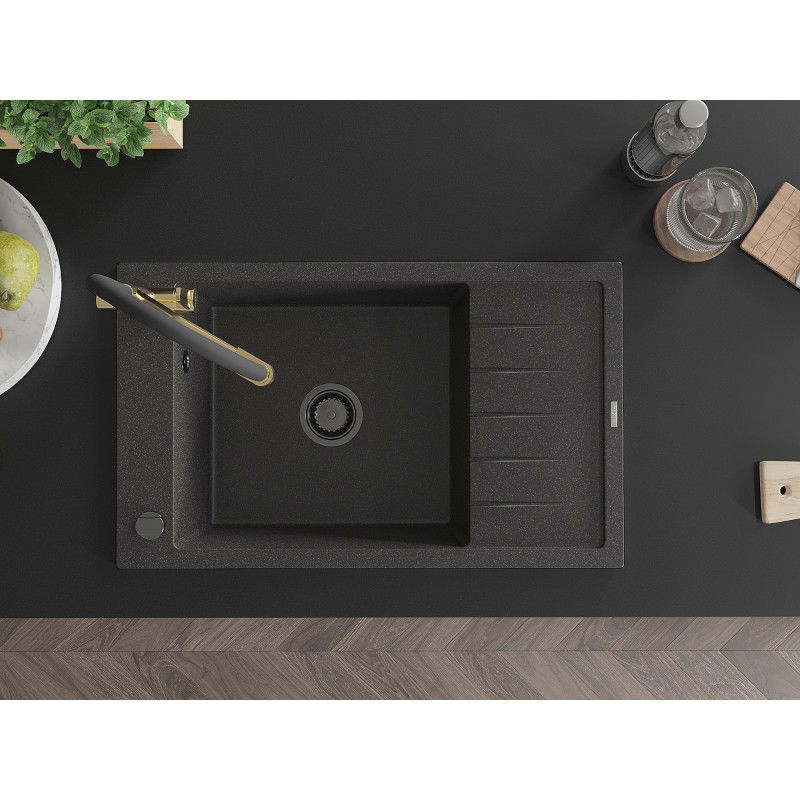 Mexen Elias гранитна мивка с 1 камера и отцедник и кухненски смесител Duo, черна на пръски - 6511-76-671701-57-B