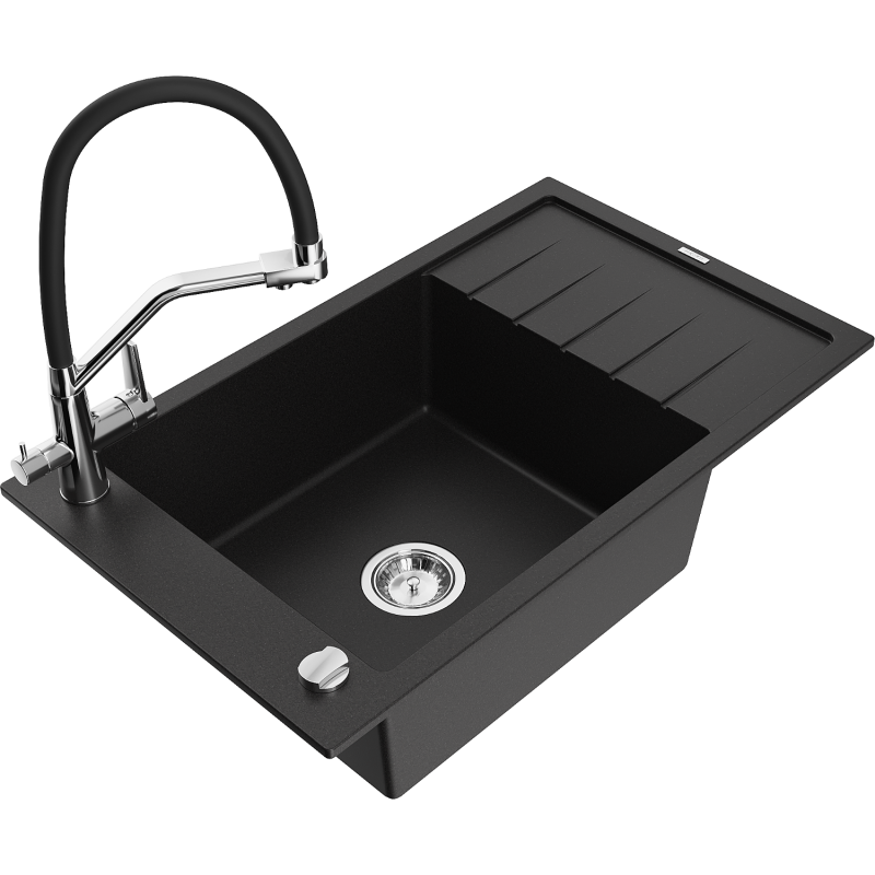 Mexen Elias гранитна мивка с една камера с отцедник и кухненски смесител Duo,