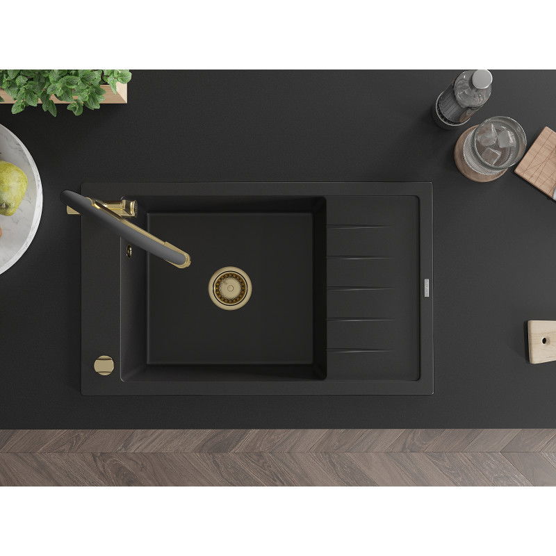 Mexen Elias мивка за вграждане, гранитна, с едно корито и отцедник, с кухненски смесител Duo, черен - 6511-77-671701-57-G